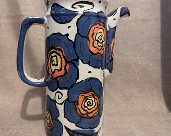 Floral Studio Pottery Coffee Pot – Hand-Painted Cobalt Blooms – Signed ‘Gt 1992’ – Artisan Ceramic