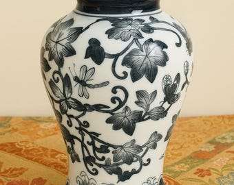 Japanese Porcelain Vase • Hand‑Painted Black Botanical & Wave Motifs • Vintage Nature‑Inspired Decor