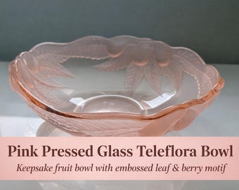 Pink Pressed Glass Teleflora Bowl, Embossed Leaf Berry Scalloped Container