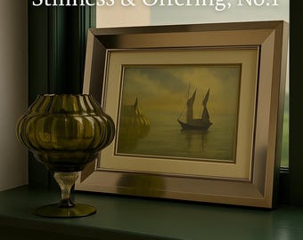 Cuadro de velero firmado en 1996 y cuenco de vidrio verde de mediados de siglo - Conjunto curado