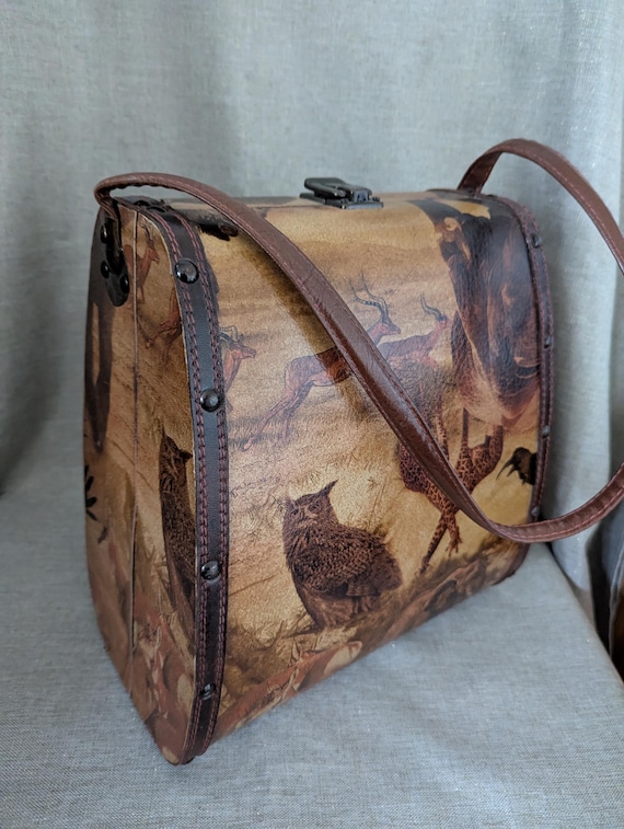 Vintage Wooden Frame Wildlife Bag – Velour Interior – Owl Antelope Giraffe Print – Nature Inspired Handbag