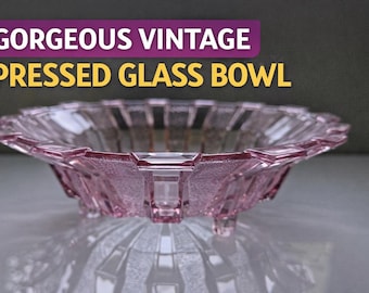 Vintage Pink Pressed Glass Footed Bowl | Faceted Rim, Ribbed Interior (1970s-90s)
