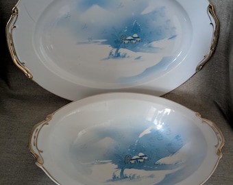 Porcelain Kutani serving dishes Japanese Set of Two Winter Scene Christmas Table
