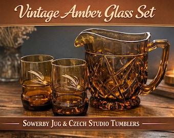 Vintage Amber Glass Jug and Tumblers Set – Sowerby Pressed Glass, Czech Studio Hand-Blown