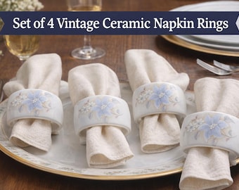 Set of 4 Vintage Ceramic Napkin Rings – Blue Floral Bow Base, England Table Decor