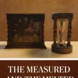 Może przedstawiać: Drewniany zegar i klepsydra stoją obok siebie. Zegar ma rzymskie cyfry i ozdobne detale. Klepsydra jest wypełniona różowym piaskiem. Tekst "THE MEASURED AND THE MELTED" znajduje się na dole.