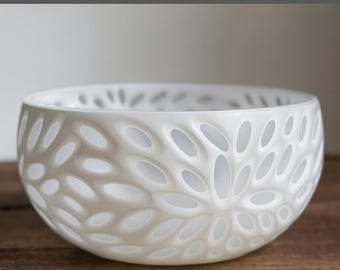 Paul Nagel Blanche Fleur Cased Glass Bowl – White Oval Relief Scandinavian Art Glass Centrepiece