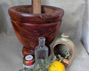 Winter Ensemble: Mahogany Mortar and Pestle, Tremar Salt Pig & Owbridge’s Lung Tonic Bottle