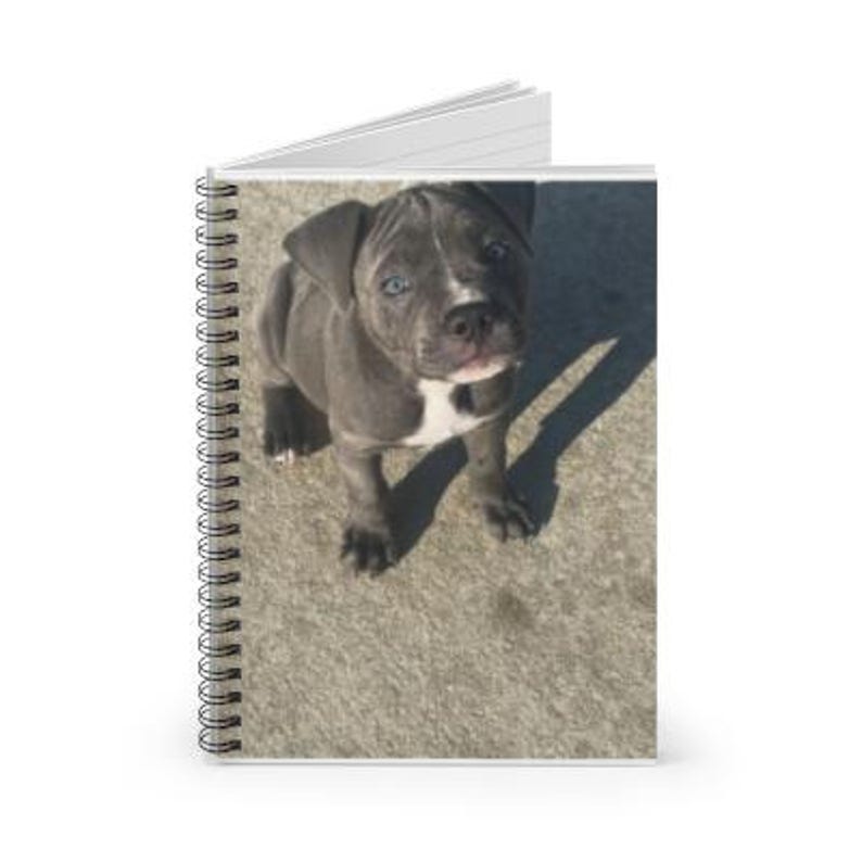 May include: A spiral-bound notebook featuring a full-color image of a gray puppy with blue eyes, a white chest, and a white patch on its nose. The puppy is sitting on a concrete surface.
