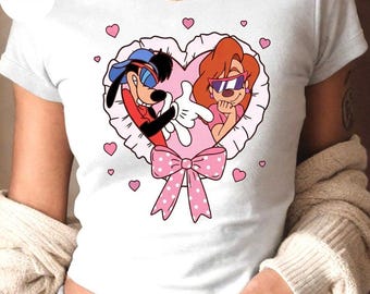 Camiseta de bebé con lazo coqueto de Disney Max Goof Roxanne Valentine, camiseta de bebé corta para mujer de Disney Couple WDW Disneyland Sweethearts Nite