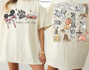 Camiseta de Disney con diseño de perros y coqueta de doble cara, camiseta de La Dama y el Vagabundo, camiseta de Pluto con cachorro, camiseta de Disney para amantes de las mascotas, viaje a Disneyland WDW 2026