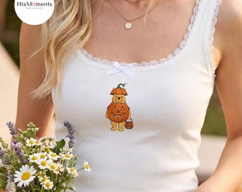 Embroidered Pooh Halloween Pumpkin Lace Trim Tank Top, Winnie The Pooh Halloween Baby Tee Croptank, Disney Spooky Season Tee, Trick Or Treat