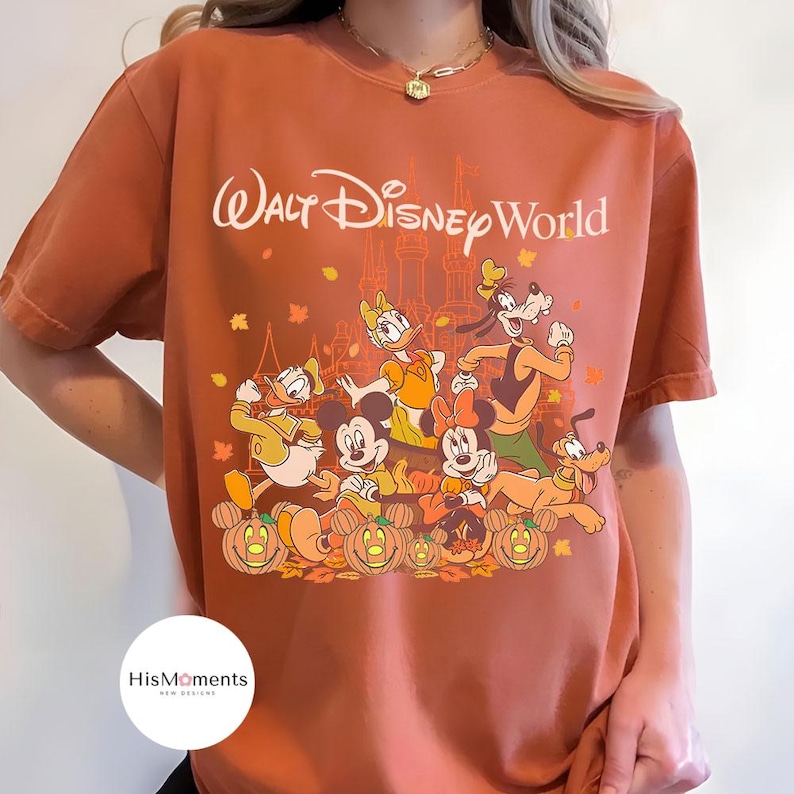 Op de afbeelding: Roestkleurig T-shirt met de tekst "Walt Disney World" en een cartoonafbeelding van Disney-figuren. Mickey, Minnie, Donald, Daisy, Goofy en Pluto worden afgebeeld met pompoenen en herfstbladeren. Het shirt heeft een ronde hals en korte mouwen.