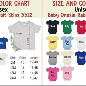 Puede incluir: Tabla de tallas y colores para camisetas y bodies unisex para beb&eacute;s. La tabla muestra varios colores de camisetas y bodies, incluyendo negro, blanco y rosa. Se proporcionan medidas para diferentes tallas, como 6M, 12M y 18M, con ancho y largo en cm.