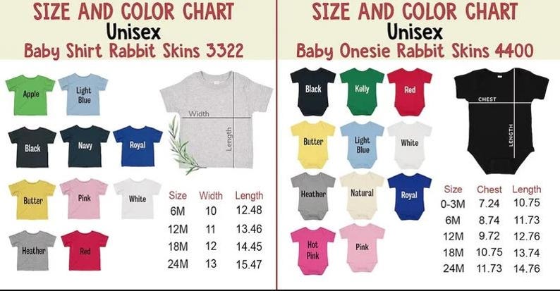 Puede incluir: Tabla de tallas y colores para camisetas y bodies unisex para beb&eacute;s. La tabla muestra varios colores de camisetas y bodies, incluyendo negro, blanco y rosa. Se proporcionan medidas para diferentes tallas, como 6M, 12M y 18M, con ancho y largo en cm.