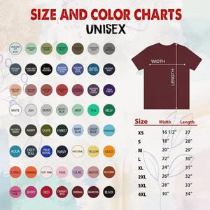 Puede incluir: Tabla de tallas y colores para camisetas unisex. Incluye un gr&aacute;fico de camiseta granate con medidas de ancho y largo. Presenta una paleta de colores con varias tonalidades y tallas de XS a 4XL, con medidas en cm.