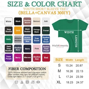 May include: A size and color chart for a youth short sleeve tee shirt. The chart includes a color palette with options like white, black, and navy. It also shows the shirt's width and length measurements in inches, and fiber composition.