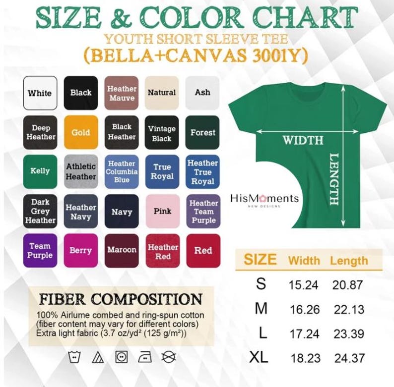 May include: A size and color chart for a youth short sleeve tee shirt. The chart includes a color palette with options like white, black, and navy. It also shows the shirt's width and length measurements in inches, and fiber composition.
