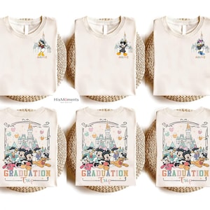 May include: Set of six cream-colored t-shirts with a Disney theme. Three shirts feature a Mickey Mouse and Minnie Mouse design with the text "Name" and a castle. The other three shirts feature a group of Disney characters in front of a castle with the text "Graduation Trip".