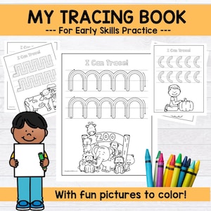 May include: Black and white printable tracing book for early skills practice. The book features pages with different letters to trace, such as "m" and "c", and includes fun pictures to color, such as a cow, a zoo with animals, and a boy with a pumpkin.