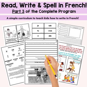May include: Black and white worksheets for teaching French grammar. The worksheets include a grid with the French words "je", "tu", "il", "elle", "suis", "vous" and "es". There are also illustrations of a teacher and a student.
