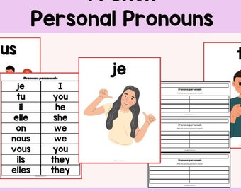 Hoja de trabajo con carteles de pronombres personales en francés para estudiantes de francés como segunda lengua y educación en el hogar