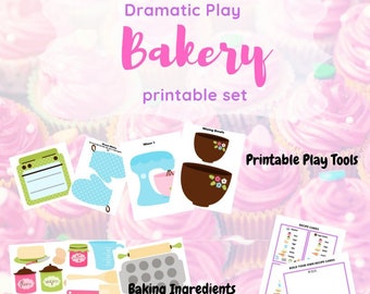 May include: Printable set of bakery play tools for dramatic play. Includes a play oven, mixer, mixing bowls, baking ingredients, recipe cards, baked goods, and receipts.