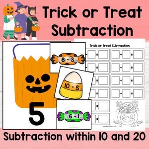 May include: Educational worksheet titled Trick or Treat Subtraction featuring illustrations of children in costumes, a jack-o'-lantern bucket, candy-shaped math problems, and a black and white coloring page with subtraction equations.