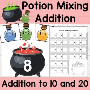 May include: Educational worksheet titled Potion Mixing Addition with illustrations of black cauldrons, colorful potion bottles labeled with addition problems, and a grid for solving equations. The text includes Potion Mixing Addition and Addition to 10 and 20.