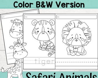 Hojas de trabajo para trazar, colorear y escribir con letras de animales de safari