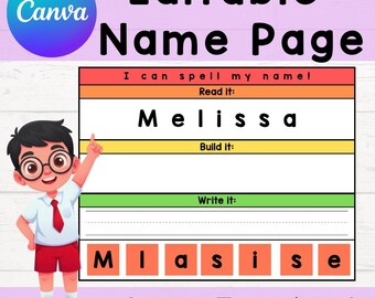 Hoja de trabajo editable para practicar nombres: plantilla de Canva, personalizable, trazar, crear y escribir tu nombre, preescolar y jardín de infantes.