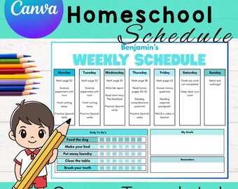 Plantilla editable de horario escolar en casa para niños en color azul. Planificador semanal. Tareas, tareas y recordatorios de objetivos. Imprimible y editable en Canva.