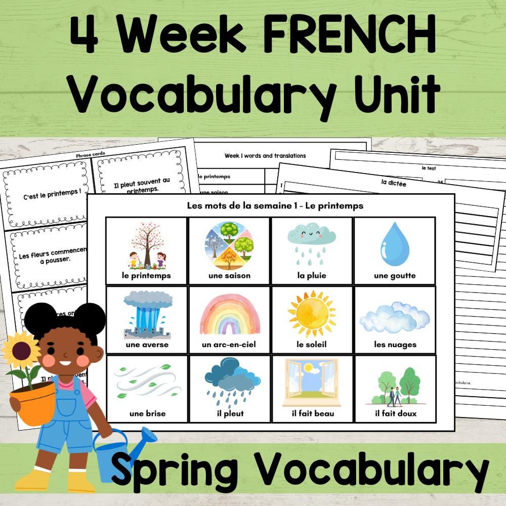 French Spring Vocabulary Unit – 4 Week French Lesson Plan | 48 Words + 20 Phrases | PDF + PNG Printables