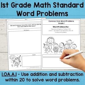 May include: Black and white worksheet for 1st grade math word problems. The worksheet includes a word problem about balloons, a work space, and an answer section. The text reads "I.OA.A.1 - Use addition and subtraction within 20 to solve word problems."