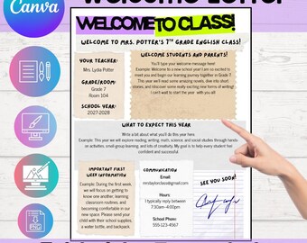 Carta de bienvenida editable para profesores / Presentación para padres de regreso a clases / Plantilla de boletín informativo para el aula