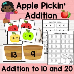 Könnte beinhalten: Lernspiel-Set mit dem Titel Apple Pickin' Addition, bestehend aus illustrierten Karten mit roten, gelben und grünen Äpfeln, die Additionsaufgaben zeigen, zwei braunen Körben mit den Zahlen 13 und 9 sowie zwei Arbeitsblättern mit leeren Feldern.