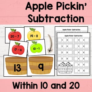 Könnte beinhalten: Pädagogisches Apple Pickin' Subtraction Set mit Karten, die rote, gelbe und grüne Äpfel mit Subtraktionsaufgaben zeigen, zwei braune Körbe mit den Zahlen 13 und 9 sowie ein Arbeitsblatt mit leeren Feldern für Gleichungen.