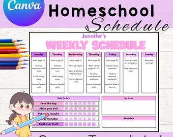Plantilla editable de horario escolar en casa en color rosa para niños: planificador semanal con tareas, tareas y recordatorios de objetivos. Imprimible y editable en Canva.