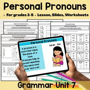 May include: A digital tablet displaying a lesson on personal pronouns with text and a cartoon illustration of a person reading a book, positioned in front of several printed educational worksheets featuring grammar exercises and pronoun rules.