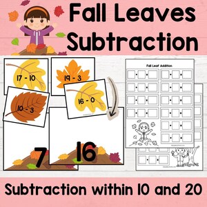 Peut inclure: Ensemble d'activités mathématiques intitulé Fall Leaves Subtraction comprenant des cartes avec des soustractions sur des illustrations de feuilles jaunes et brunes, une fiche d'addition et un personnage en sweat à capuche violet.