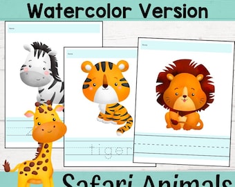 Páginas de animales de safari con trazado de escritura a mano, versión acuarela