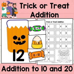 May include: A Trick or Treat Addition educational worksheet featuring a large orange jack-o'-lantern bucket, candy-shaped cards with math problems, and a grid for solving equations. The page includes illustrations of children in costumes and a coloring section.
