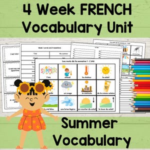 French Summer Vocabulary Unit – 4 Week French Lesson Plan | 48 Words + 20 Phrases | PDF + PNG Printables