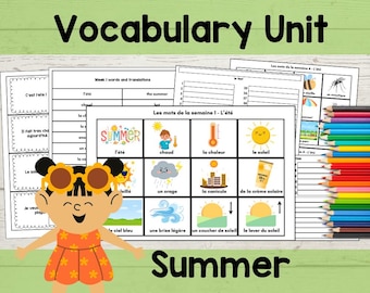 Unidad de vocabulario de verano en francés: 48 palabras y 20 frases (PDF + PNG)