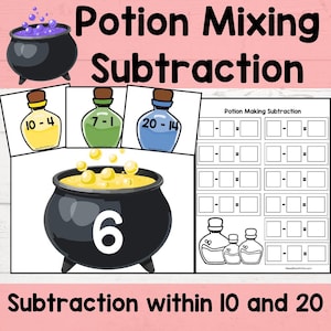 May include: A Potion Mixing Subtraction educational worksheet featuring a black cauldron with the number 6, three potion bottles labeled with subtraction problems, and a grid for solving equations with additional potion bottle illustrations.