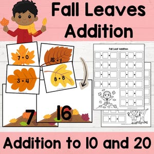 Könnte beinhalten: Lernmaterial Fall Leaves Addition mit einer Zeichentrickfigur, blattförmigen Karten mit Matheaufgaben wie 7+0, 15+1, 3+4 und 8+8 sowie einem Arbeitsblatt mit leeren Additionsfeldern und Illustrationen zum Üben der Addition bis 10 und 20.
