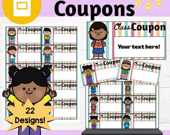 Cupones editables para el aula / Boletos de recompensa para estudiantes en color / 22 diseños de clipart para niños / Presentaciones de Google + PDF imprimible