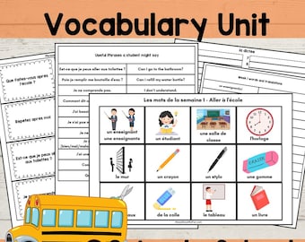 Unidad de vocabulario en francés: palabras y frases escolares para estudiantes de FSL y educación en casa