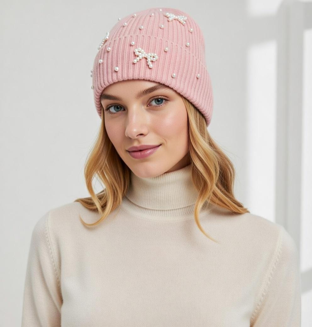 Girly Bow Pearl Charms Beanie Hat Soft Knitted for Women - Etsy display picture 2