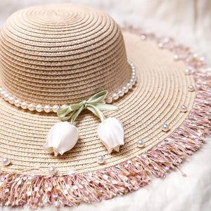 Cute Straw Sun Hat w/ Pearl Details & Bow Accent Straw sunhat with ivory ribbon and pearl accent — Helen Hill main image 4